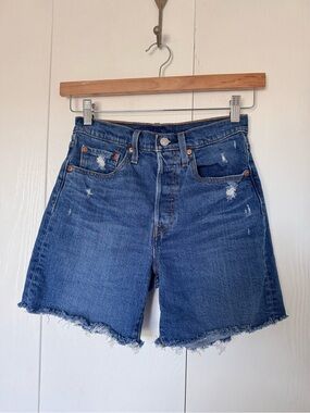 Levi's Dark Blue Denim Distressed Raw-Hem Jean Shorts